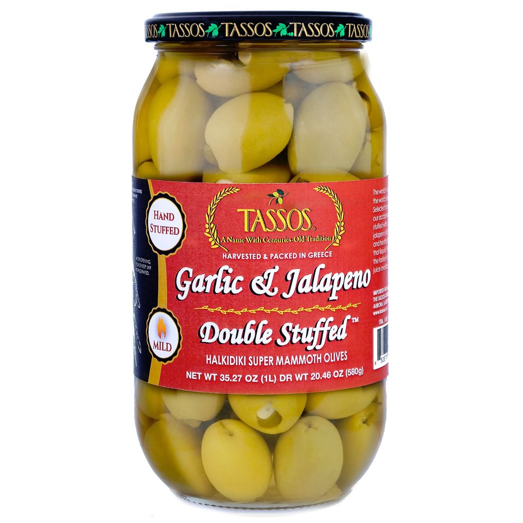 TASSOS STUFFED OLIVES GARLIC & JALAPENO 35.27 OZ